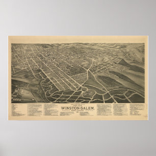 Póster 1891 Winston Salem NC Birds Eye View Panoramic Map