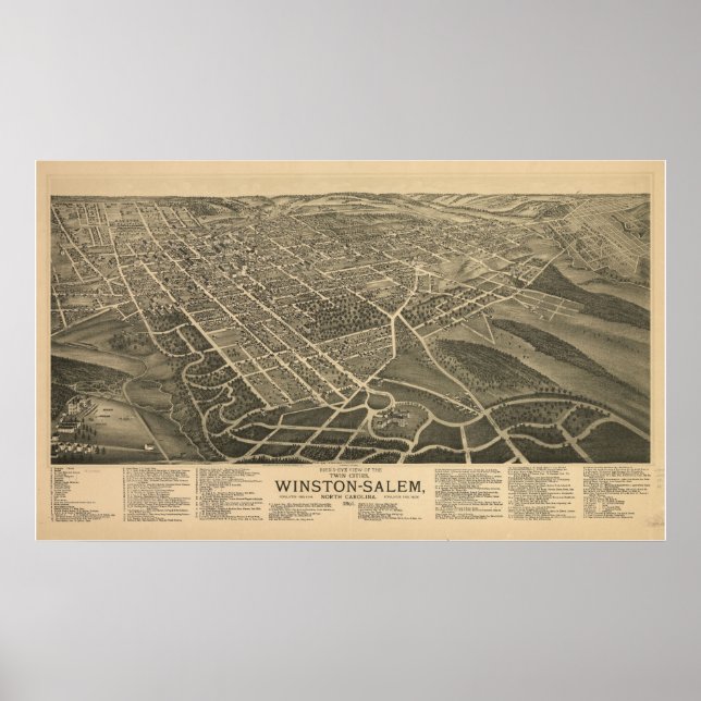 Póster 1891 Winston Salem NC Birds Olhos Ver Mapa Panorâm (Frente)
