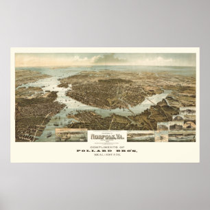 Poster 1892 Norfolk, mapa panorâmico da opinião de olho
