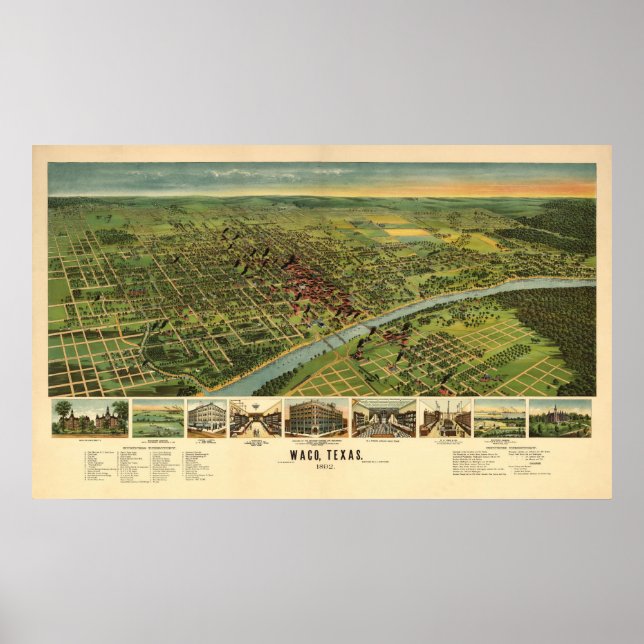 Poster 1892 Waco, Mapa Panorâmico do Olho de TX Bird (Frente)