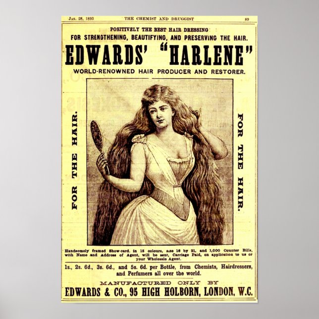 Poster 1893 e para o restaurador de cabelo Harlene (Frente)