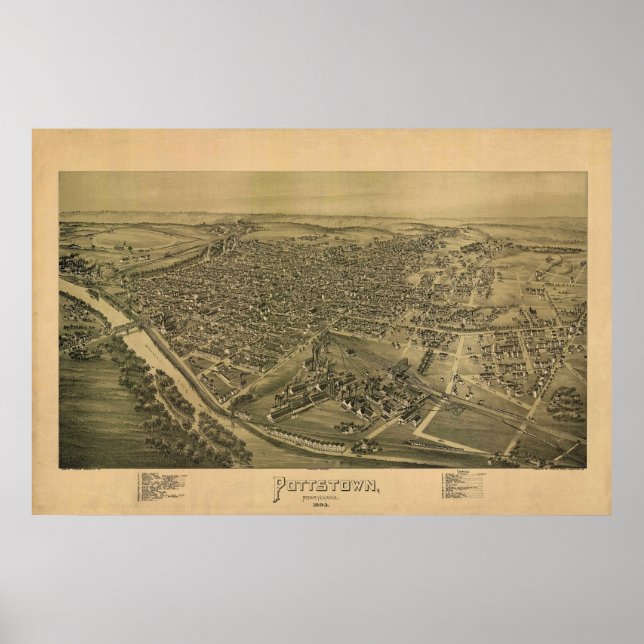 Poster 1893 Panorâmica Map Pottstown PA Pensilvânia (Frente)