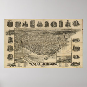 Póster 1893 Tacoma, mapa panorâmico da opinião de olho