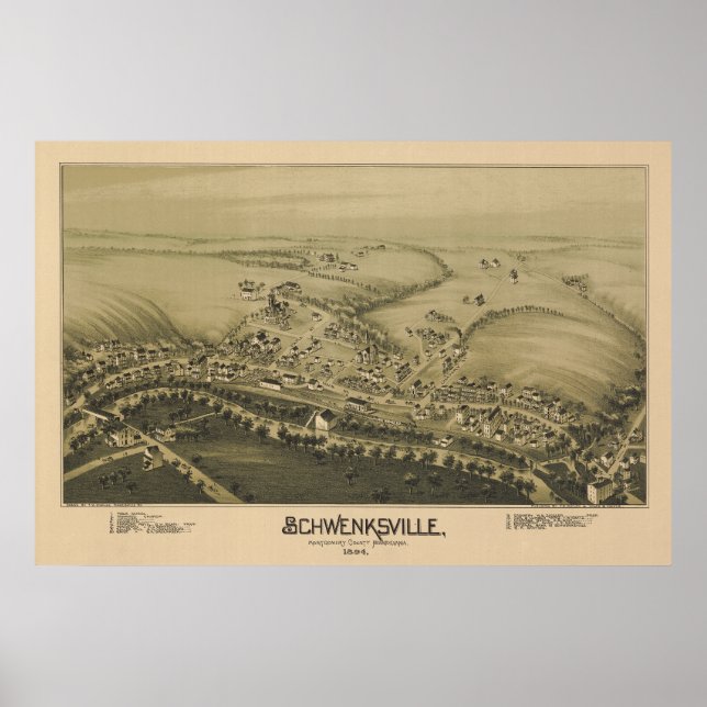 Poster 1894 Aerial Map Schwenksville PA Pensilvânia (Frente)