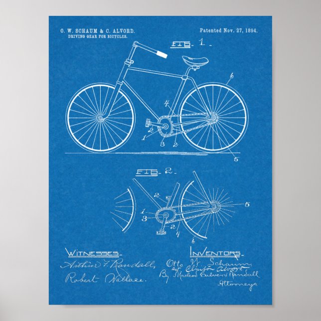 Póster 1894 Elliptical Gear Bicycle Design Patent Print (Frente)