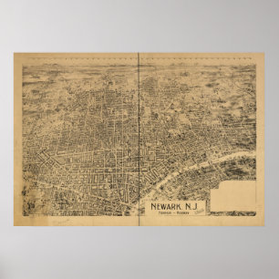Póster 1895 Newark, mapa panorâmico da opinião de olho