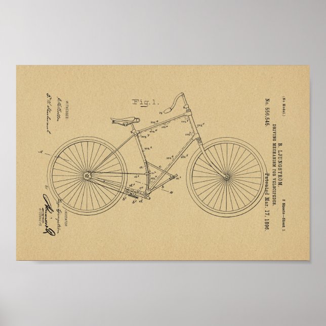 Poster 1896 Vintage Bicycle Velocipede Patent Art Impress (Frente)