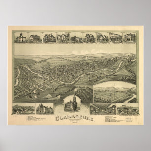 Póster 1898 Clarksburg, mapa panorâmico do olho do