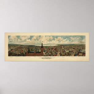 Póster 1898 Milwaukee, mapa panorâmico da opinião de ol