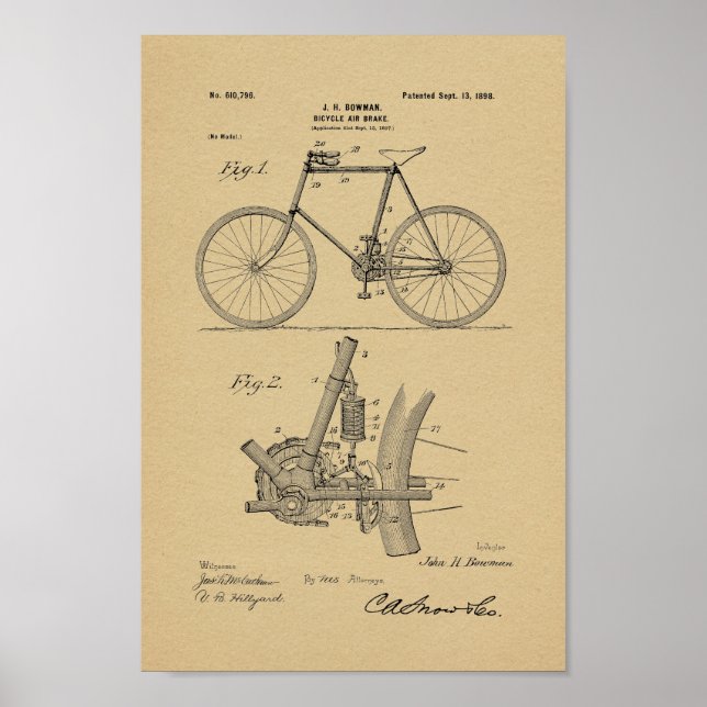 Póster 1898 Vintage Bicycle Air Brake Patent Art Impressã (Frente)