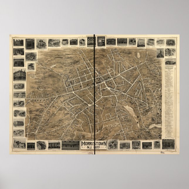Póster 1899 Morristown, NJ Birds Eye Ver Mapa Panorâmico (Frente)
