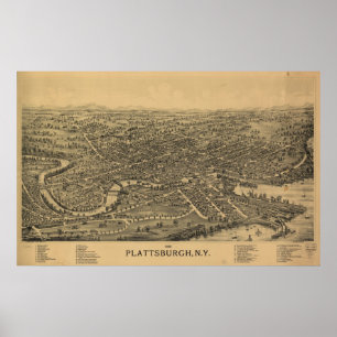 Poster 1899 Plattsburgh, mapa panorâmico da opinião de