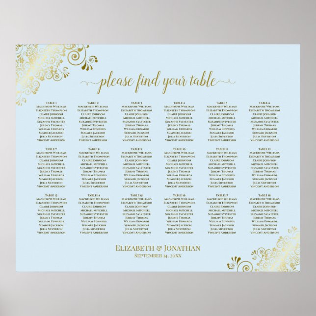 Poster 18 Gráfico de Casamento de Mesa Azul e Dourado (Frente)