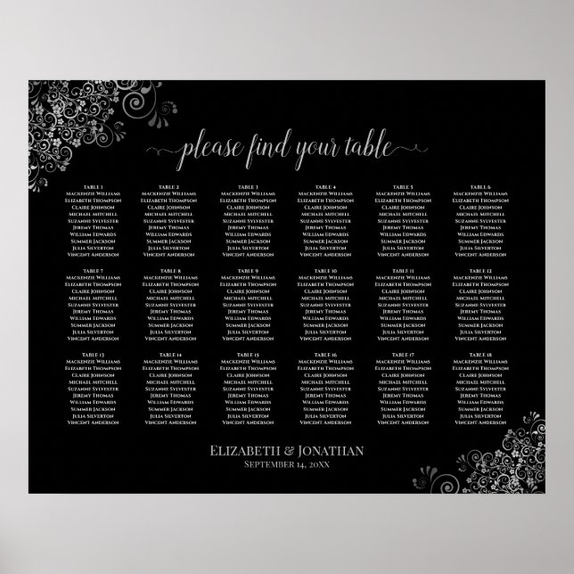 Poster 18 Gráfico de Casamento de Mesa Prateado Preto (Frente)