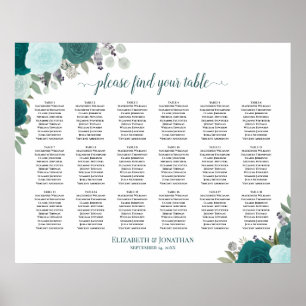 Poster 18 Gráfico de Casamento de Rosas Teais Elegantes M