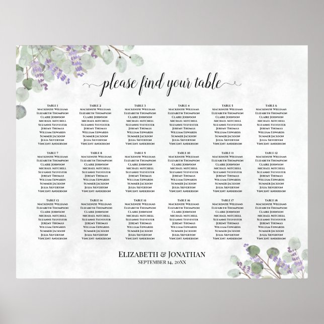 Poster 18 Table Eucalyptus Lavender Wedding Seating Chart (Frente)