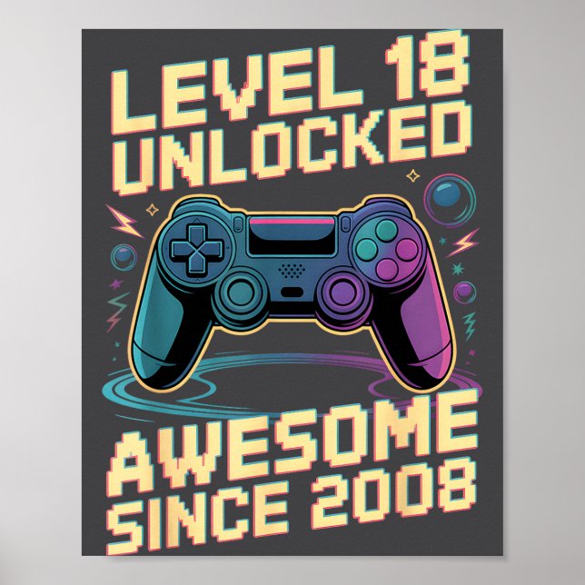 Poster 18th Birthday Boy Gift Level 18 Gamer 2008 18 Year (Frente)
