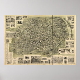 Póster 1901 Allentown, mapa panorâmico da opinião de ol