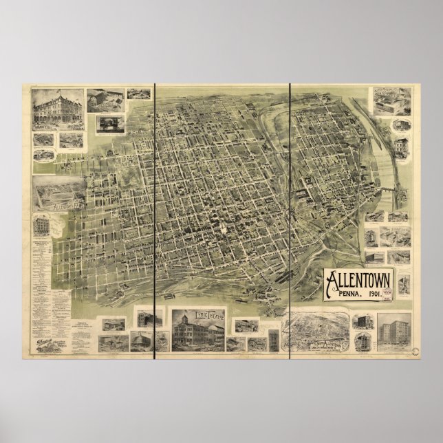 Póster 1901 Allentown, PA Birds Eye Ver Mapa Panorâmico (Frente)