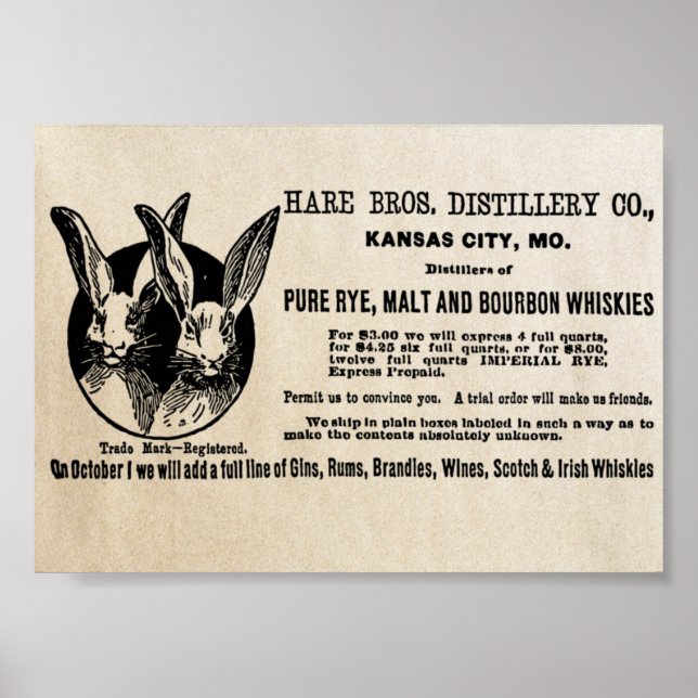 Poster 1902 Vintage Hare Bros. Distillery Co. Anúncio (Frente)