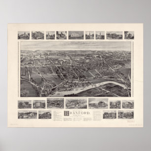 Póster 1905 Branford, mapa panorâmico da opinião de olh