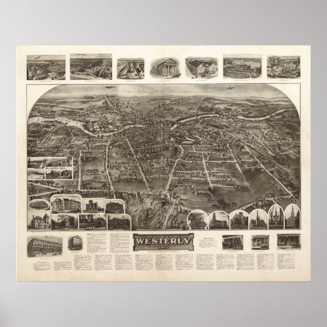 Póster 1911 Ocidental, RI Birds Olham Ver Mapa Panorâmico (Frente)