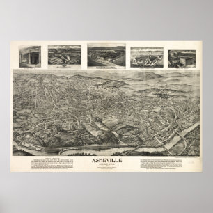 Póster 1912 Asheville, NC Birds Eye Ver Mapa Panorâmico