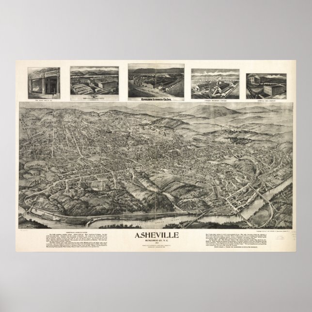 Póster 1912 Asheville, NC Birds Eye Ver Mapa Panorâmico (Frente)
