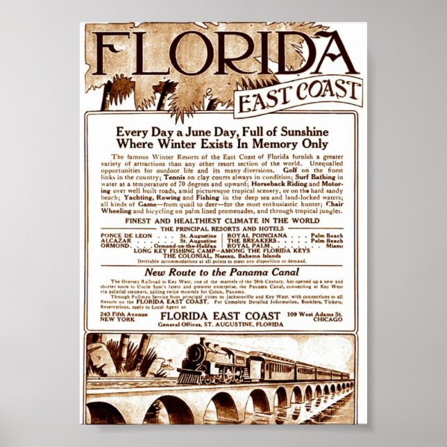 Poster 1913 na Flórida East Coast Railvert Advert (Frente)
