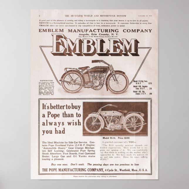 Póster 1914 Anúncio de moto Emblem e Pope (Frente)