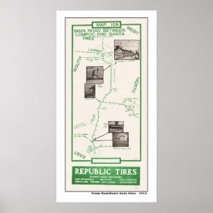 Póster 1914 mapa, Lompoc a Santa Ynez