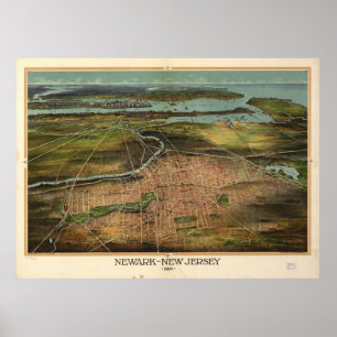 Poster 1916 Newark, mapa panorâmico da opinião de olho