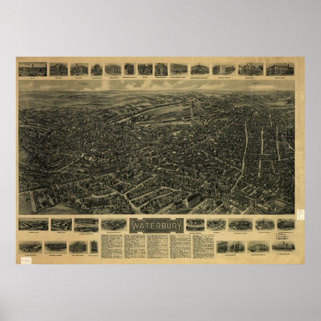 Poster 1917 Waterbury CT Birds Olhos Ver Mapa Panorâmico (Frente)