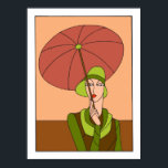 Póster 1920 1930s Art deco, moda das senhoras, versão ver<br><div class="desc">De um desenho de desenho de arte branco e preto,  colorido por nós. Mostrando uma jovem (garota flapper) com 1920 típico ou roupas da década de 30. Cores: verde,  castanho,  vermelho escarlate escuro,  tangerina (pêssego escuro),  pele. Também disponível em 2 outras combinações de cores.</div>