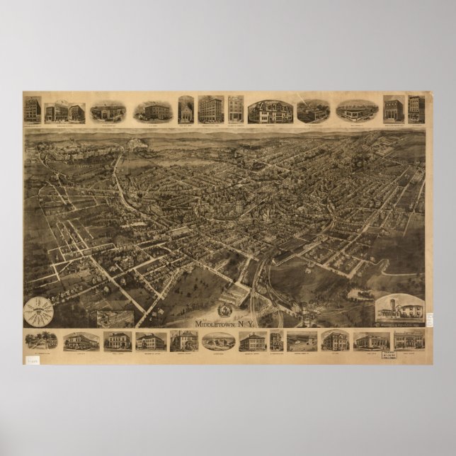 Póster 1921 Middletown, NY Birds Eye Ver Mapa Panorâmico (Frente)