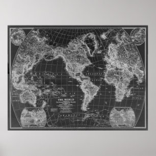 Póster 1922) Inverse preto e branco do mapa do mundo (