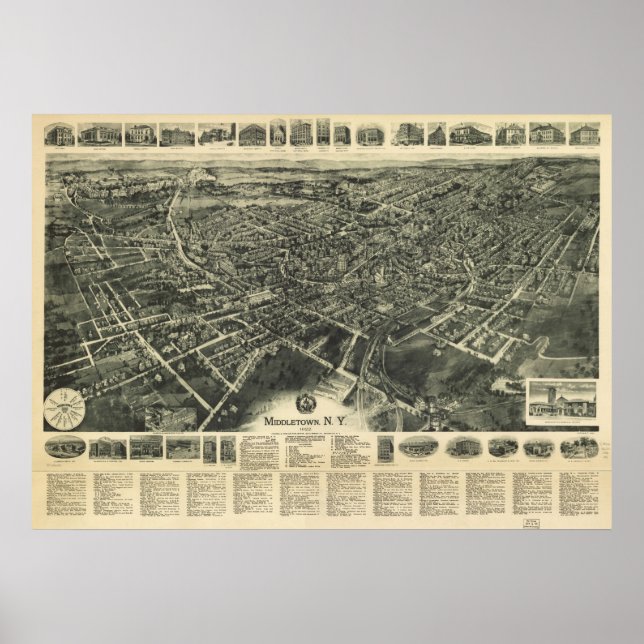 Póster 1922 Middletown, NY Birds Eye Ver Mapa Panorâmico (Frente)