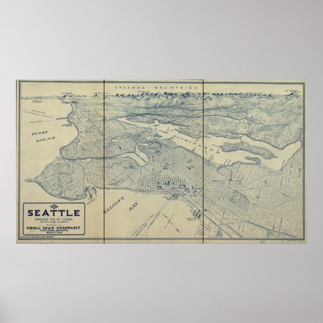 Póster 1925 Seattle, WA Birds Eye Ver Mapa Panorâmico (Frente)