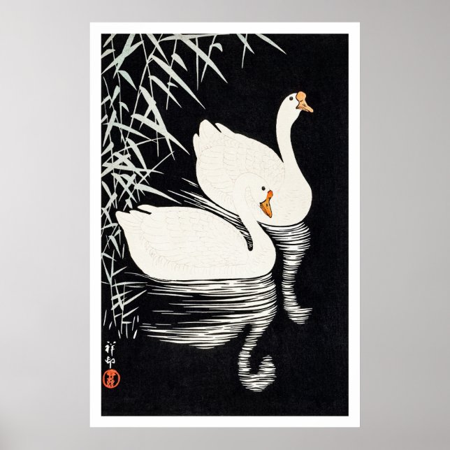 Poster 1928 Ohara Koson Gansos Chineses Brancos Nadando  (Frente)