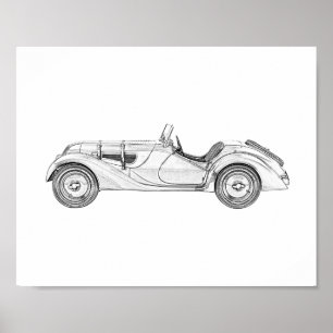 Póster 1936 BMW 328 Roadster Black and White Pencil Art