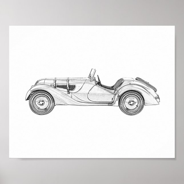 Póster 1936 BMW 328 Roadster Black and White Pencil Art (Frente)