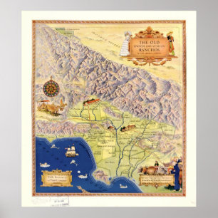 Póster 1937 Ranchos do mapa de Los Angeles County