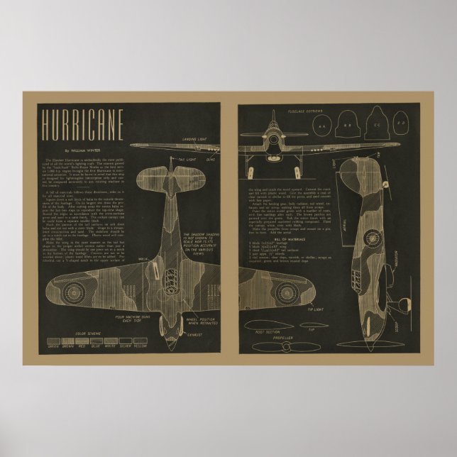 Póster 1938 Aviation Hurricane Airplane Design Art Impres (Frente)