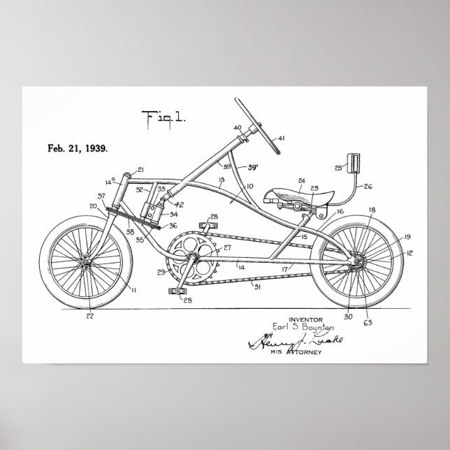 Póster 1939 Vintage Recumbent Bicycle Patent Art Impressã (Frente)