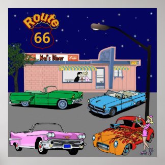 Póster 1950s Diner Route 66 e Carros vintage