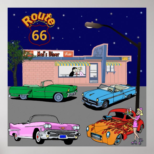 Póster 1950s Diner Route 66 e Carros vintage (Frente)