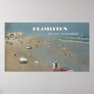 Poster 1956 Ad Florida Vacation. Cena de praia de Daytona