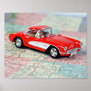 Poster 1957 Retro Corvette no mapa
