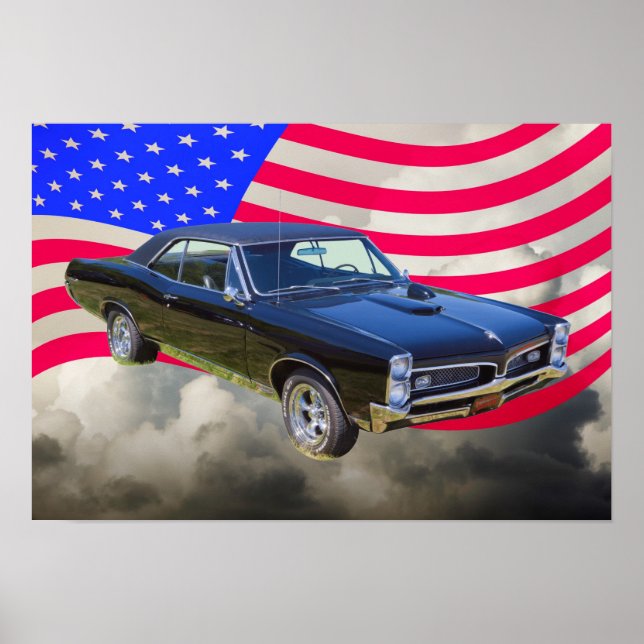 Póster 1967 Pontiac GTO e bandeira americana (Frente)