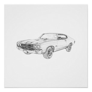 Póster 1970 preto e branco desenho de lápis chevy do
